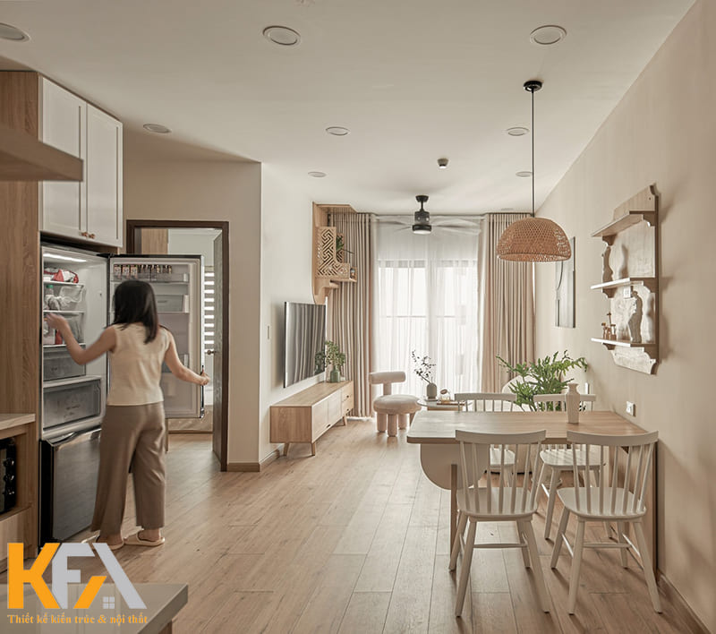 Phòng khách, phòng bếp và phòng ăn liên thông với nhau tối ưu diện tích