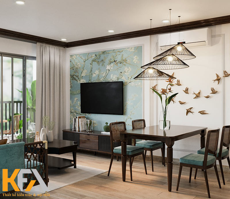 Gam màu xanh - nâu socola là 2 màu chủ đạo tại phòng khách