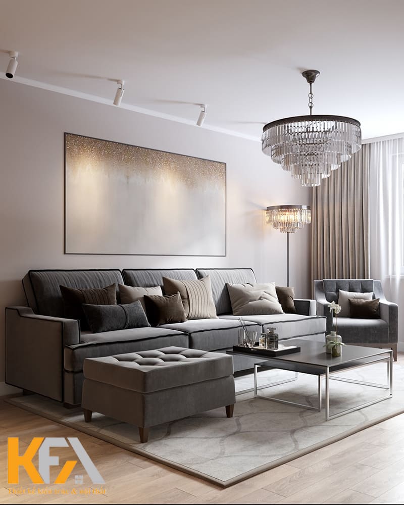 Điểm nhấn của phòng khách là bộ sofa bọc nỉ cao cấp màu tro