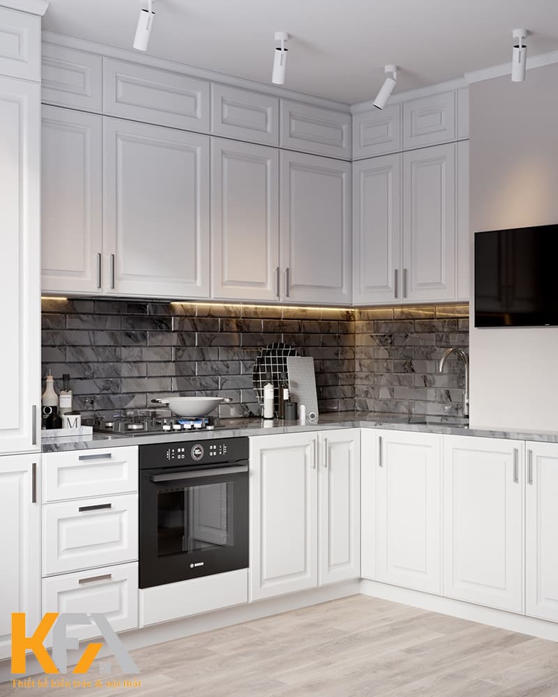 Tủ bếp âm tường với gam màu trắng chủ đạo của phong cách Scandinavian