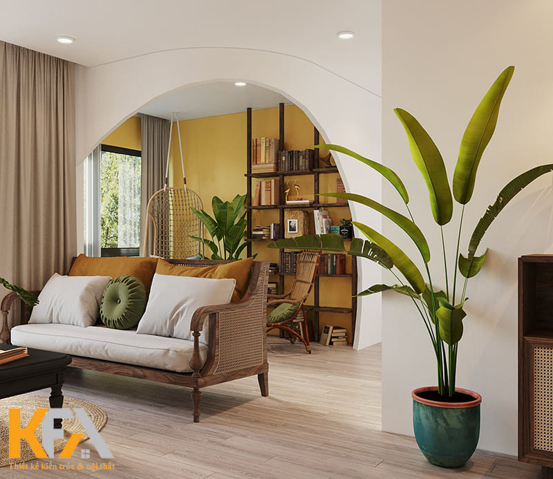 Những gam màu ấm được thiết kế đan xen với nội thất gỗ gần gũi, hoài cổ