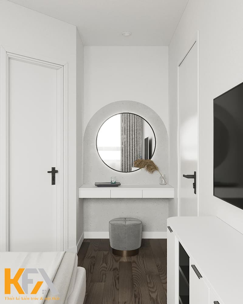 Bàn trang điểm đơn giản được đặt tại góc phòng ngủ tối ưu diện tích