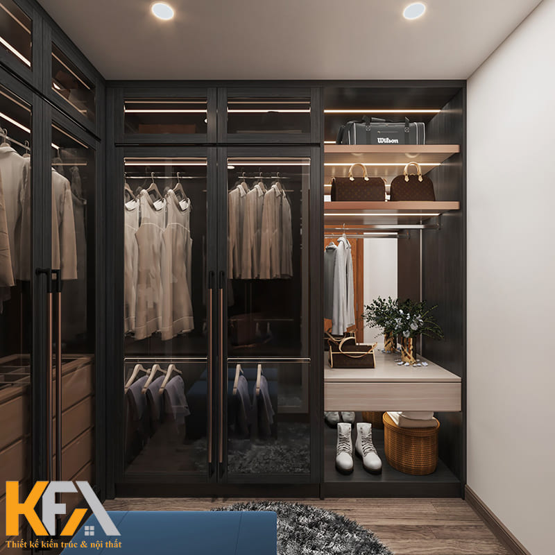 Tủ quần áo cửa kính kịch trần trong phòng thay đồ