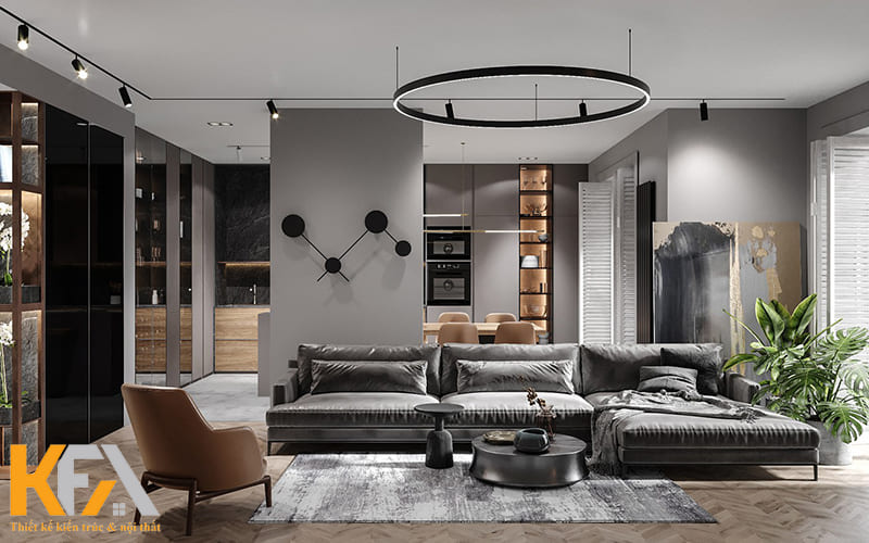 Bộ sofa lớn màu đen chất liệu nhung cao cấp mềm mại là điểm nhấn của phòng khách