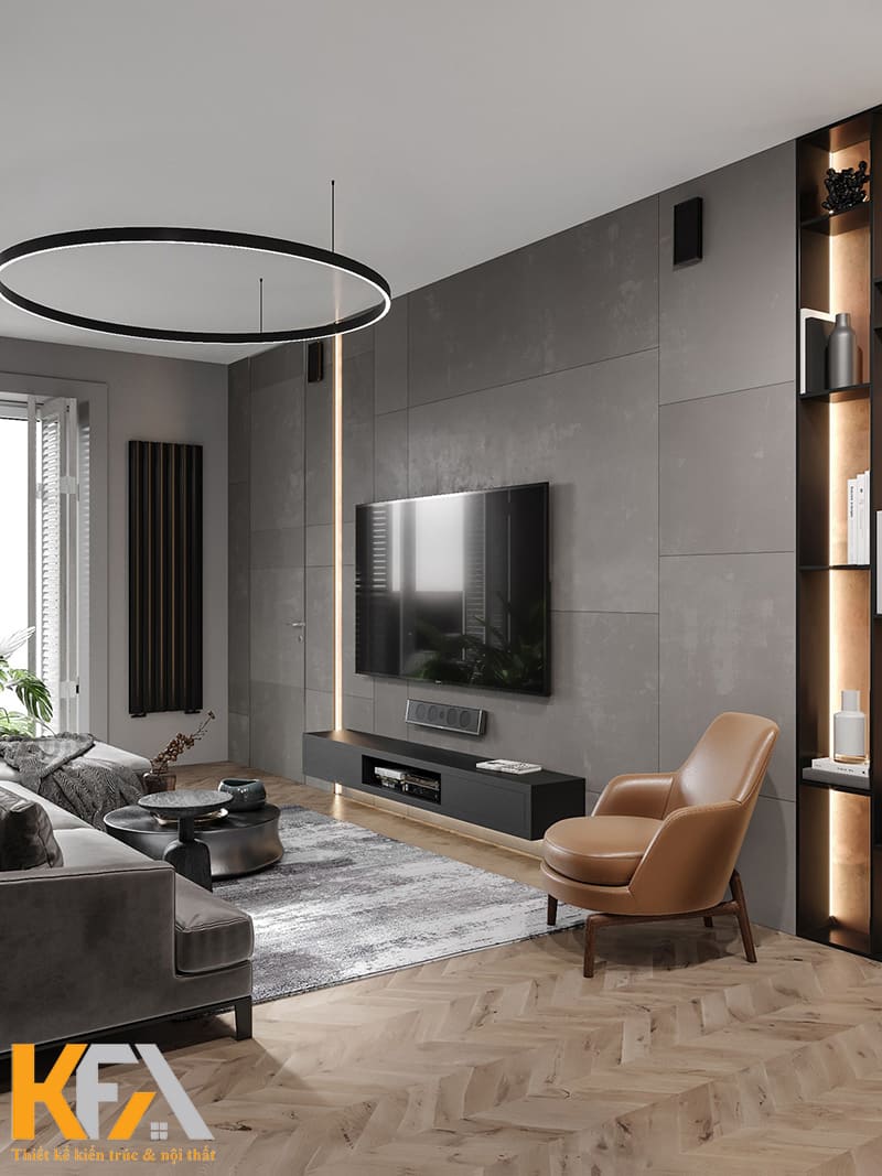 Vách tivi PVC giả gỗ màu sắc đồng điệu với nội thất phòng khách