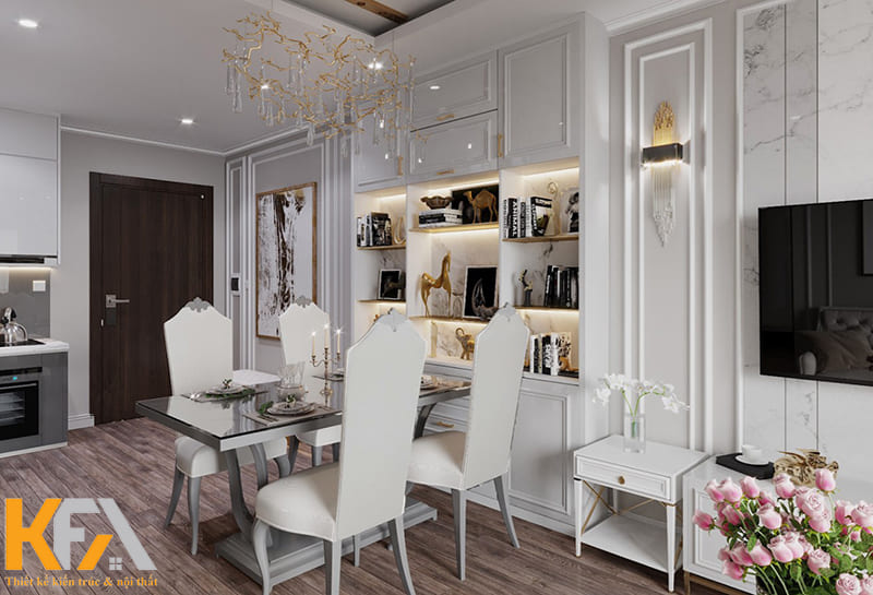 Bàn ăn được bố trí giữa phòng bếp và phòng khách