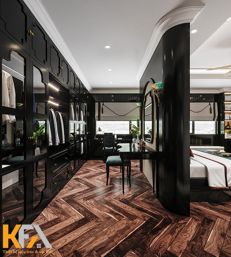 Khu vực thay đồ và bản trang điểm được bố trí kín đáo phía sau giường ngủ
