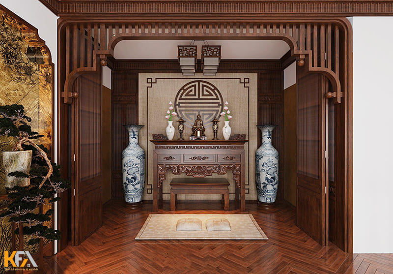 Phòng thờ được làm từ chất liệu gỗ tự nhiên cao cấp mang lại vẻ đẹp sang trọng