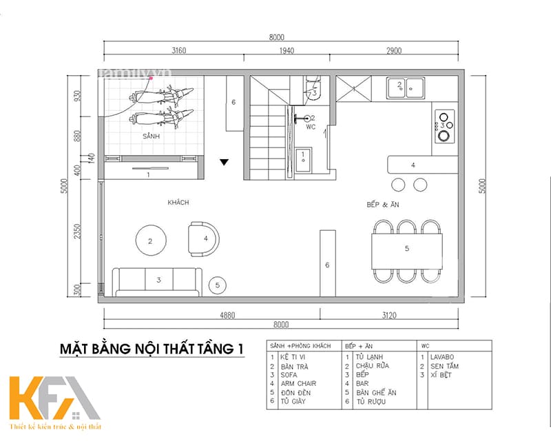 Bản vẽ mặt bằng nội thất tầng 1