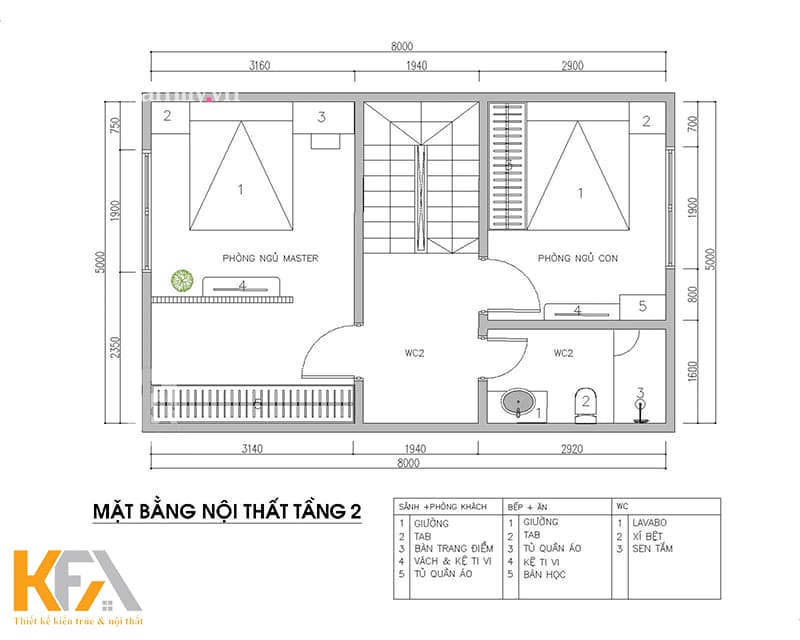 Bản vẽ mặt bằng nội thất tầng 2