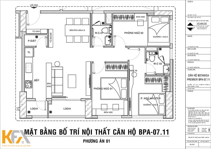 Bản vẽ triển khai phương án thiết kế số 1 của căn hộ Botanica