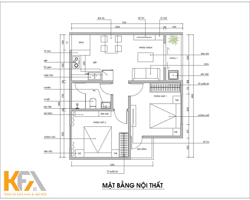 Mặt bằng nội thất của căn hộ chung cư 2 phòng ngủ