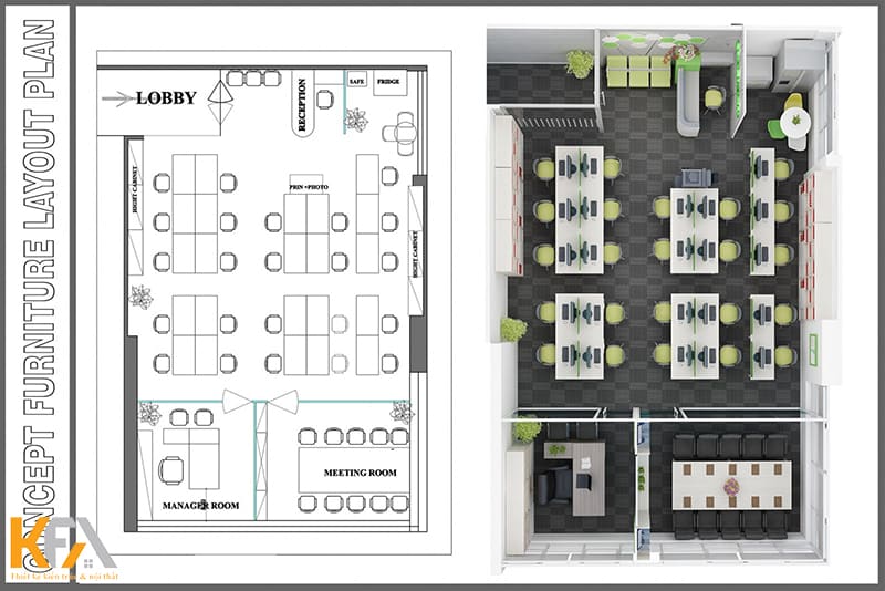 Bản vẽ thiết kế 2D và 3D nội thất văn phòng