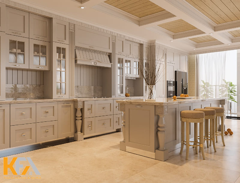 Thiết kế tủ bếp chữ I lớn kết hợp với bàn đảo bếp