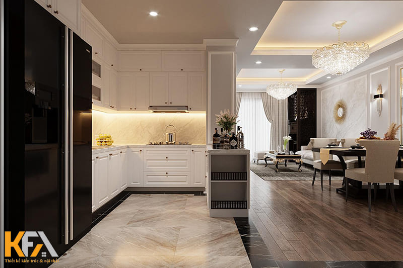 Tủ bếp chung cư tân cổ điển dạng chữ L tiện nghi