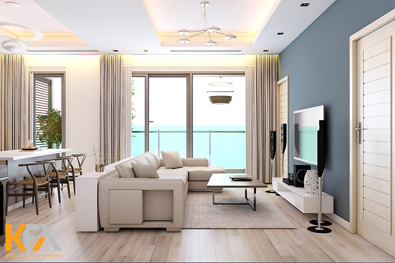 Sử dụng bàn ăn hoặc bếp làm vách ngăn giữa 2 không gian