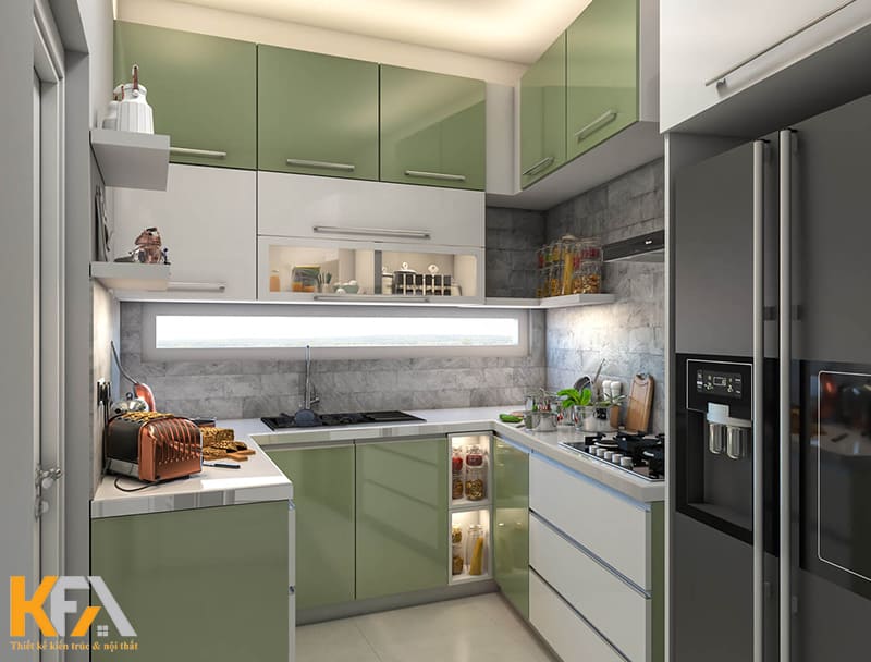 Các chất liệu được kết hợp, đan xen một cách khéo léo tăng tính thẩm mỹ cho căn bếp nhỏ