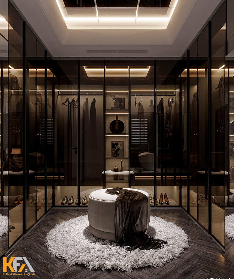 Phòng thay đồ sử dụng tủ kính cửa lùa hiện đại và tiện lợi