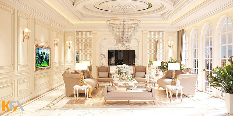 Thiết kế phòng khách không gian mở tráng lệ và nguy nga tựa như một cung điện