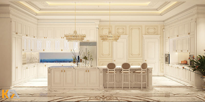 Tủ bếp chất liệu gỗ tự nhiên tone trắng kết hợp với đảo bếp hiện đại