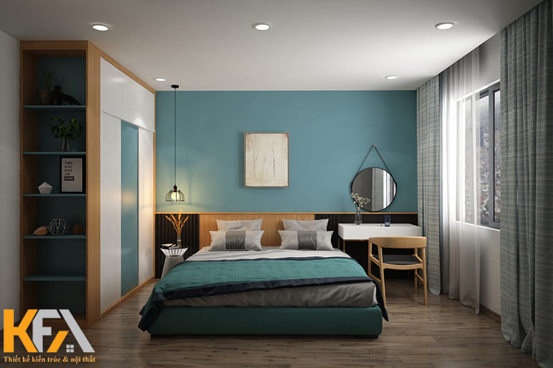 Căn hộ 50m2 thiết kế một phòng ngủ duy nhất với gam màu xanh mint mát mẻ và trẻ trung