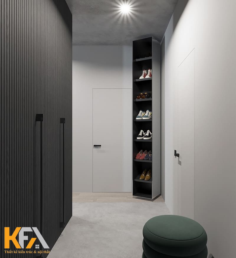 Một chiếc tủ kịch trần tận dụng không gian góc làm tủ giày