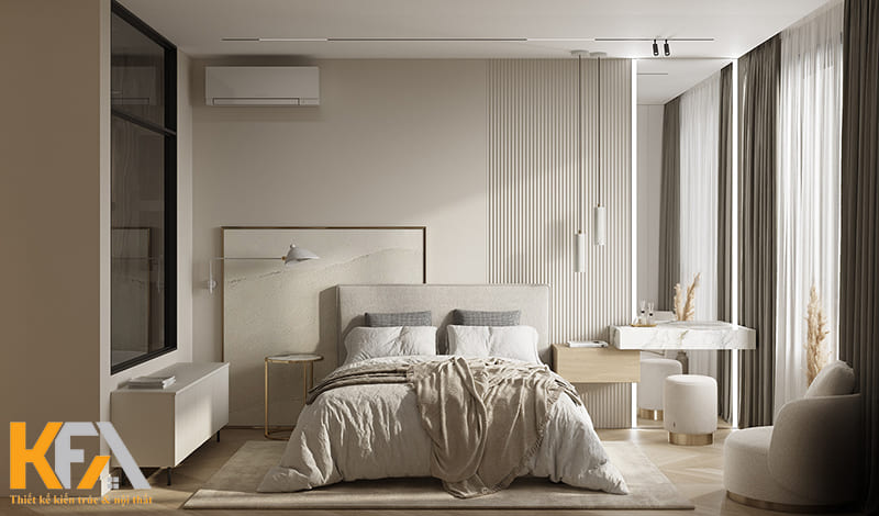 Bàn trang điểm nhỏ gọn, gương lớn, tủ kịch trần là những nội thất cơ bản