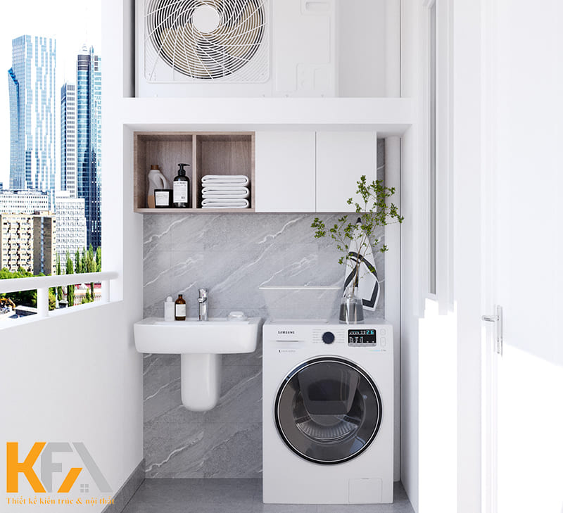 Ban công là nơi bố trí máy giặt, lavabo và tủ kệ đa năng