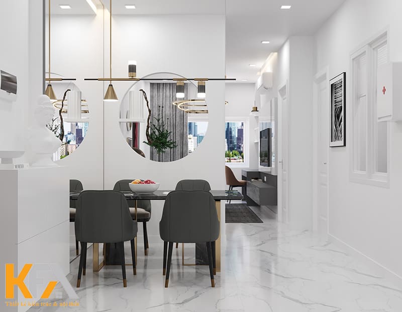 Thiết kế phòng khách liền bếp là giải pháp tối ưu cho căn hộ nhỏ 50m2 này