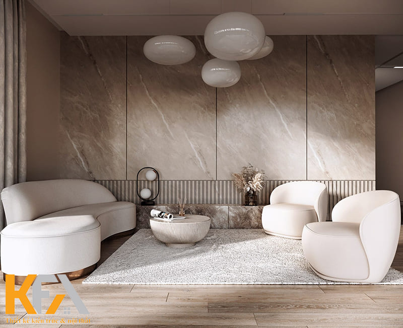 Phòng khách của căn hộ 65m2 nên tinh giản những đường nét rườm rà và tập trung vào công năng