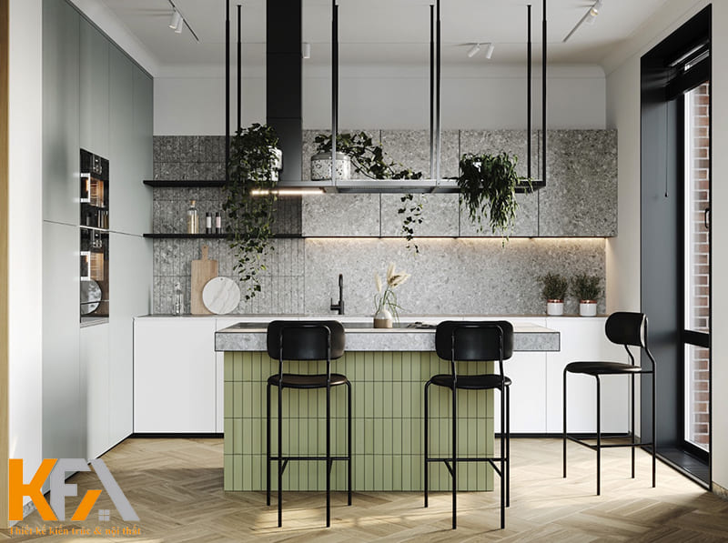 Phòng bếp của căn hộ 65m2 thường được liên thông với phòng khách