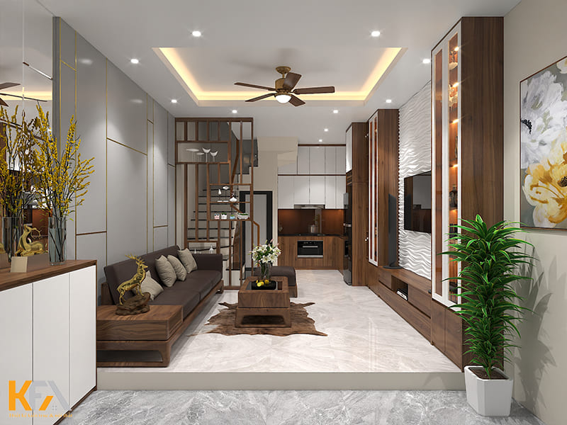 Phòng khách hiện đại với nội thất gỗ Óc chó cao cấp