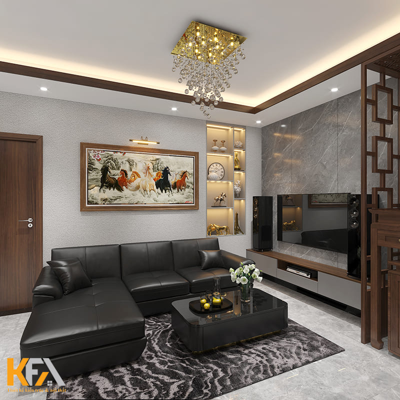 Phòng khách nổi bật với bộ sofa da đen và bức trang phong thủy