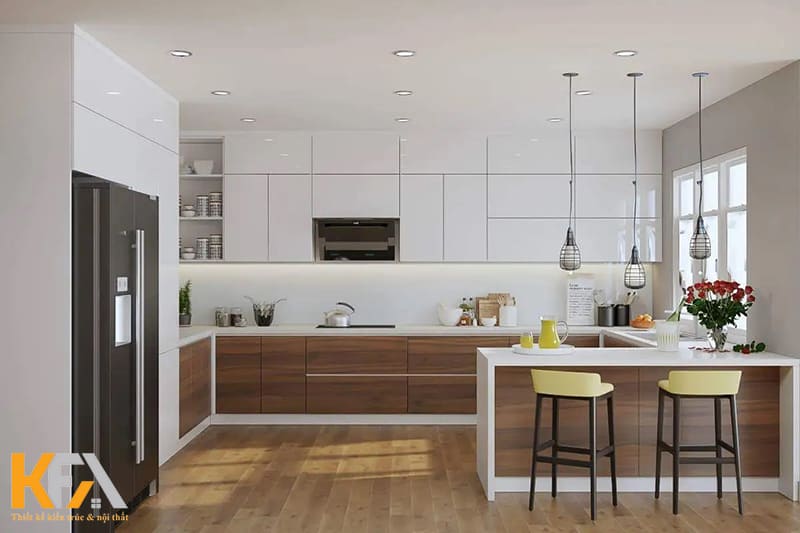 Tủ bếp chữ U kết hợp quầy bar mini tinh tế