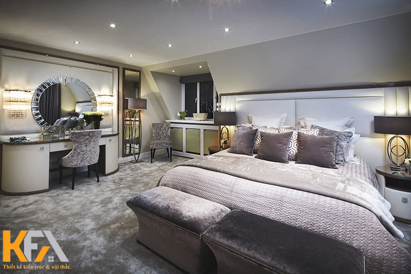 Phòng ngủ gam màu tím pastel sử dụng chất liệu nhung cao cấp