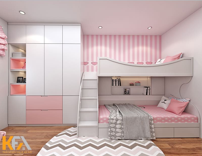 Phòng ngủ tone màu hồng trắng đặc trưng của các bé gái