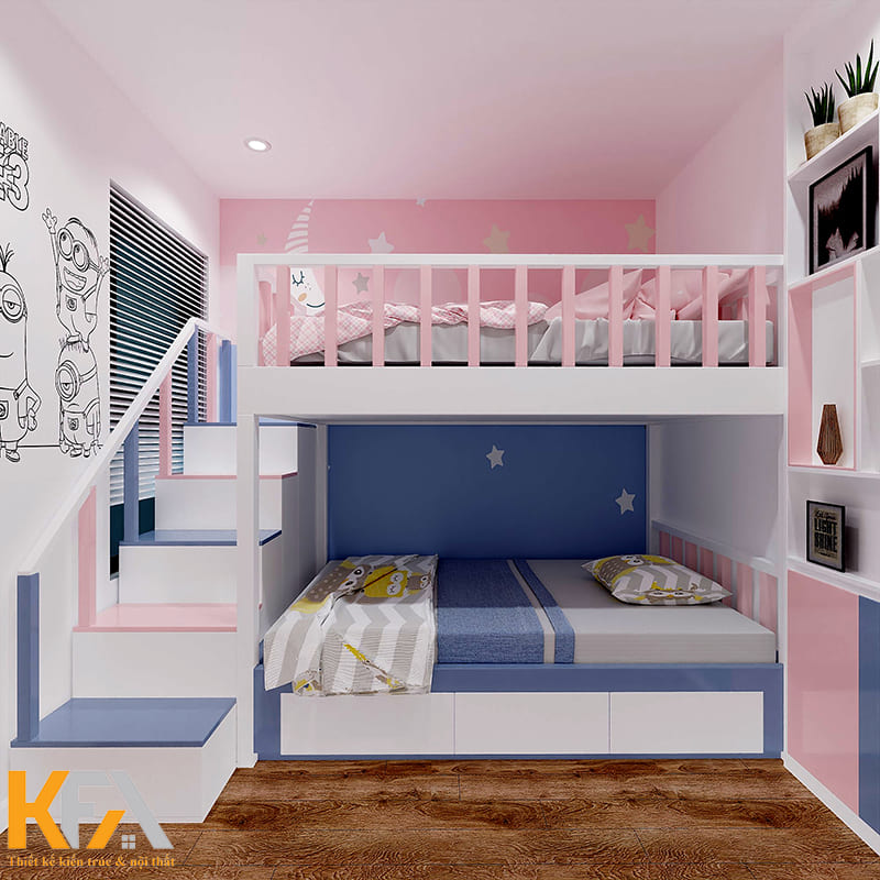Đối với gia đình có 2 bé gái, sử dụng giường tầng là phương án tối ưu