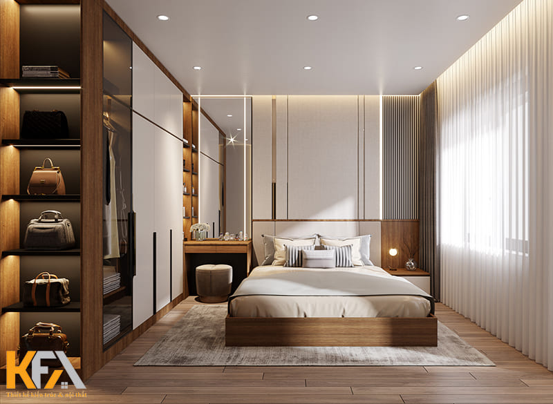 Phòng ngủ hiện đại được bày trí khoa học, tinh tế và đơn giản những vẫn đảm bảo được sự tiện nghi