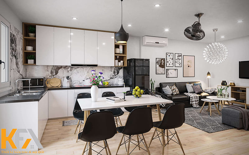 Mẫu nhà chung cư có thiết kế phòng khách liền bếp hiện đại đẹp mê ly