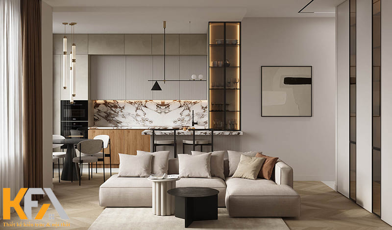 Thiết kế quầy bar mini để phân chia phòng khách và bếp