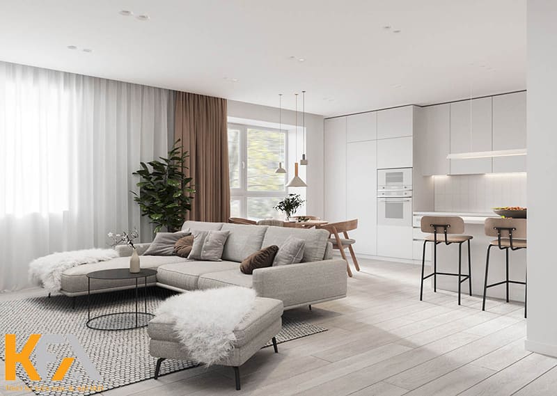 Với diện tích 15m2, việc sắp xếp không gian và bố trí nội thất phòng khách và bếp có nhiều hạn chế