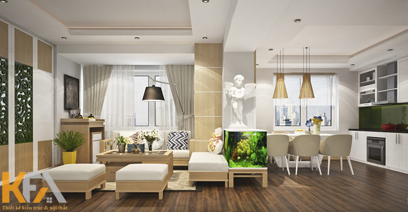 Gia chủ sử dụng bể các trang trí giữa 2 không gian để phân chia ranh giới