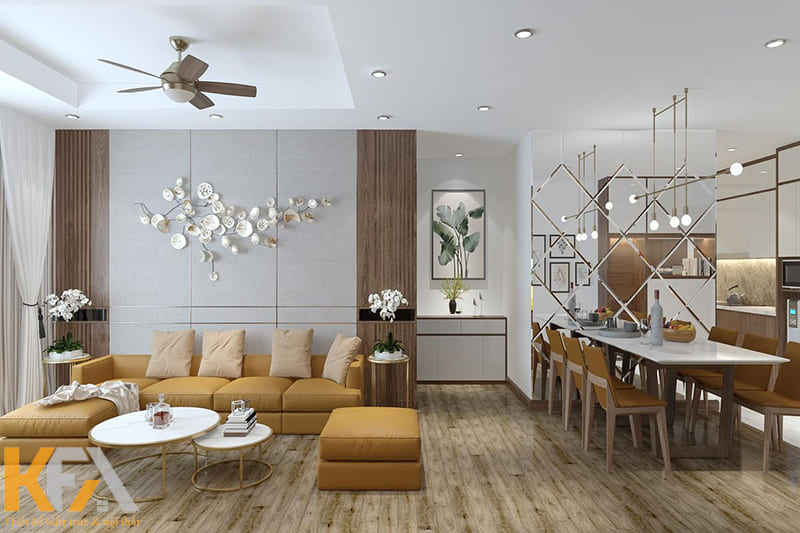 Phòng khách và phòng bếp được phân cách với nhau bằng chiếc bàn ăn