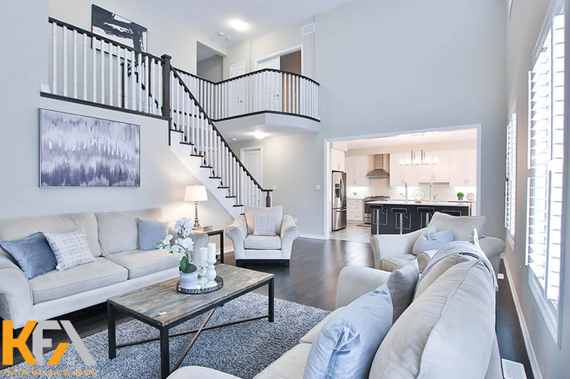 Bố trí phòng khách liền bếp trong biệt thự thông tầng sang trọng