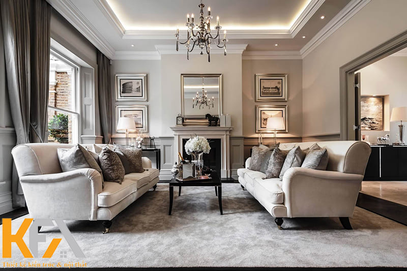 Phòng khách 15m2 phong cách tân cổ điển