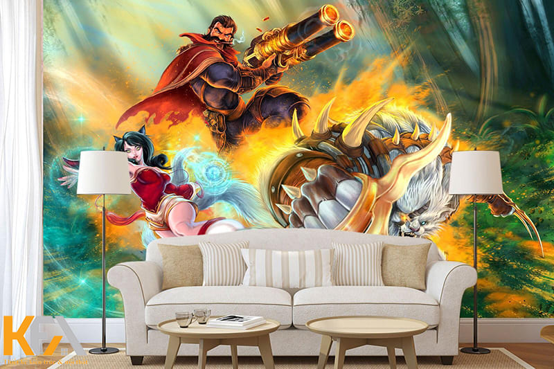 Sử dụng giấy dán tường họa tiết Anime trang trí phòng khách có lẽ là cách làm đơn giản nhất