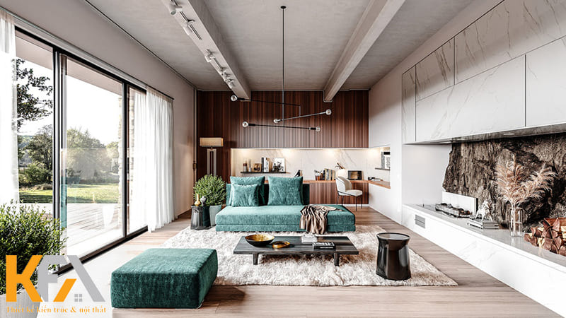 Không gian phòng khách 20m2 khá rộng và thoáng, nên bố cục nội thất không quá bị giới hạn