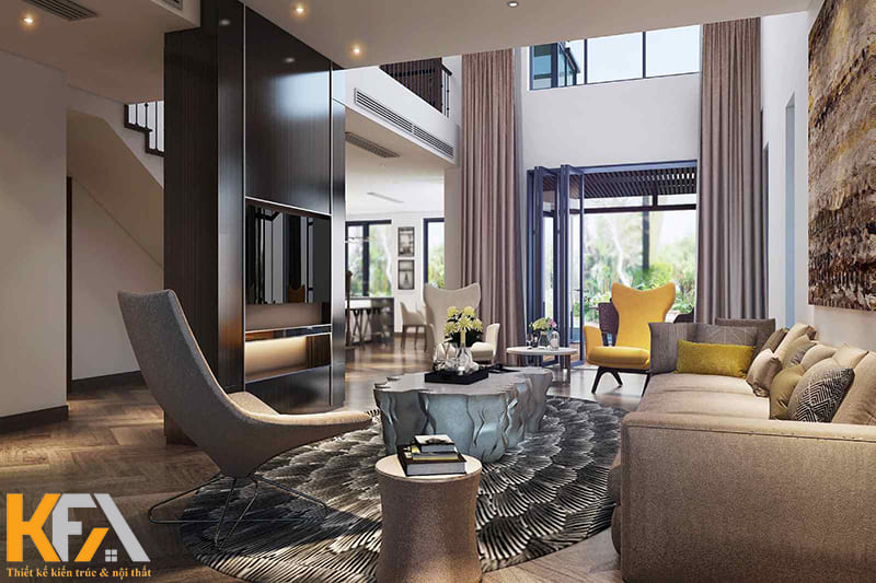 Thiết kế phòng khách thông tầng với chiếc bàn đá cẩm thạch bắt mắt