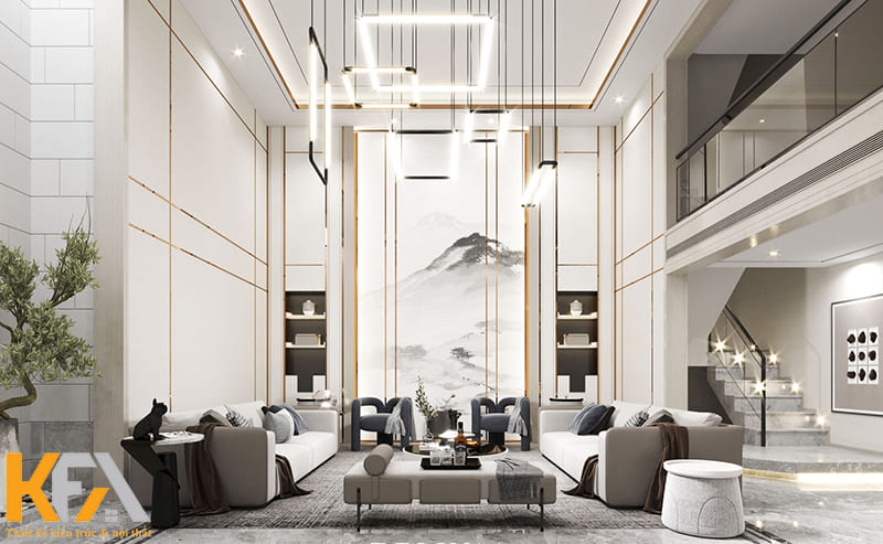 Điểm nhấn của thiết kế này là hệ thống đèn thả trần hiện đại