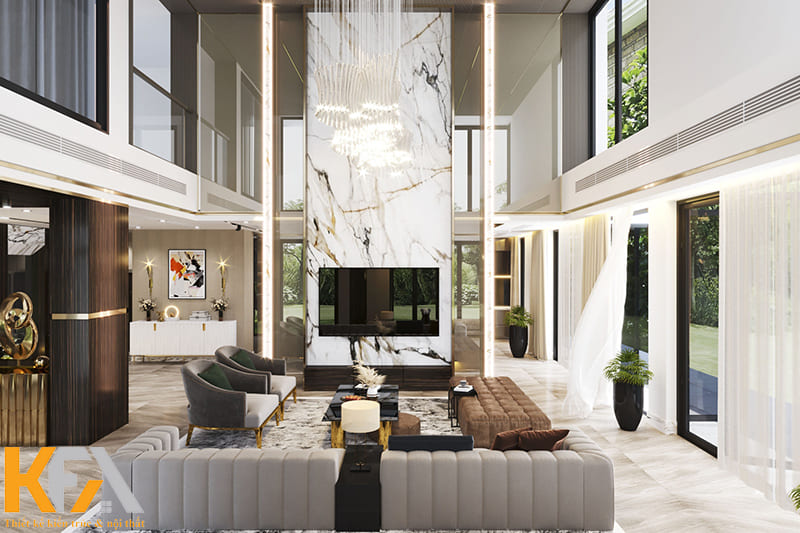 Phòng khách thông tầng là phòng khách được đặt trong không gian nối liền giữa các tầng với nhau